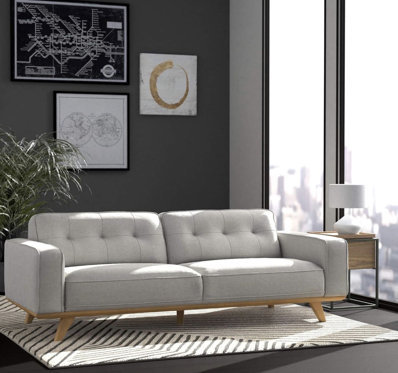 Rivet Bigelow Modern Sofa Couch with Wood Base, 89.4"W, Light Grey / Blond