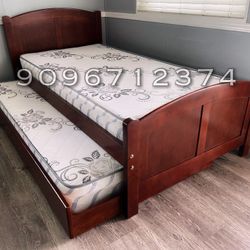 Twin Twin Size Cherry Trundle Bed With Orthopedic Mattress 