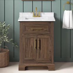  Decorators Collection Doveton 24 in. Single Sink Freestanding Dark Walnut Bath Vanity with White Engineered Marble Top (Assembled