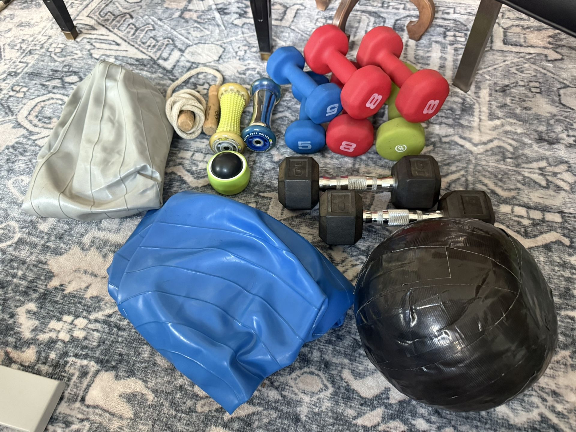 Fitness Weights (x6), Stability Balls (x2) Weighted Ball, Jump Rope, Foot Rollers, Single Roller.