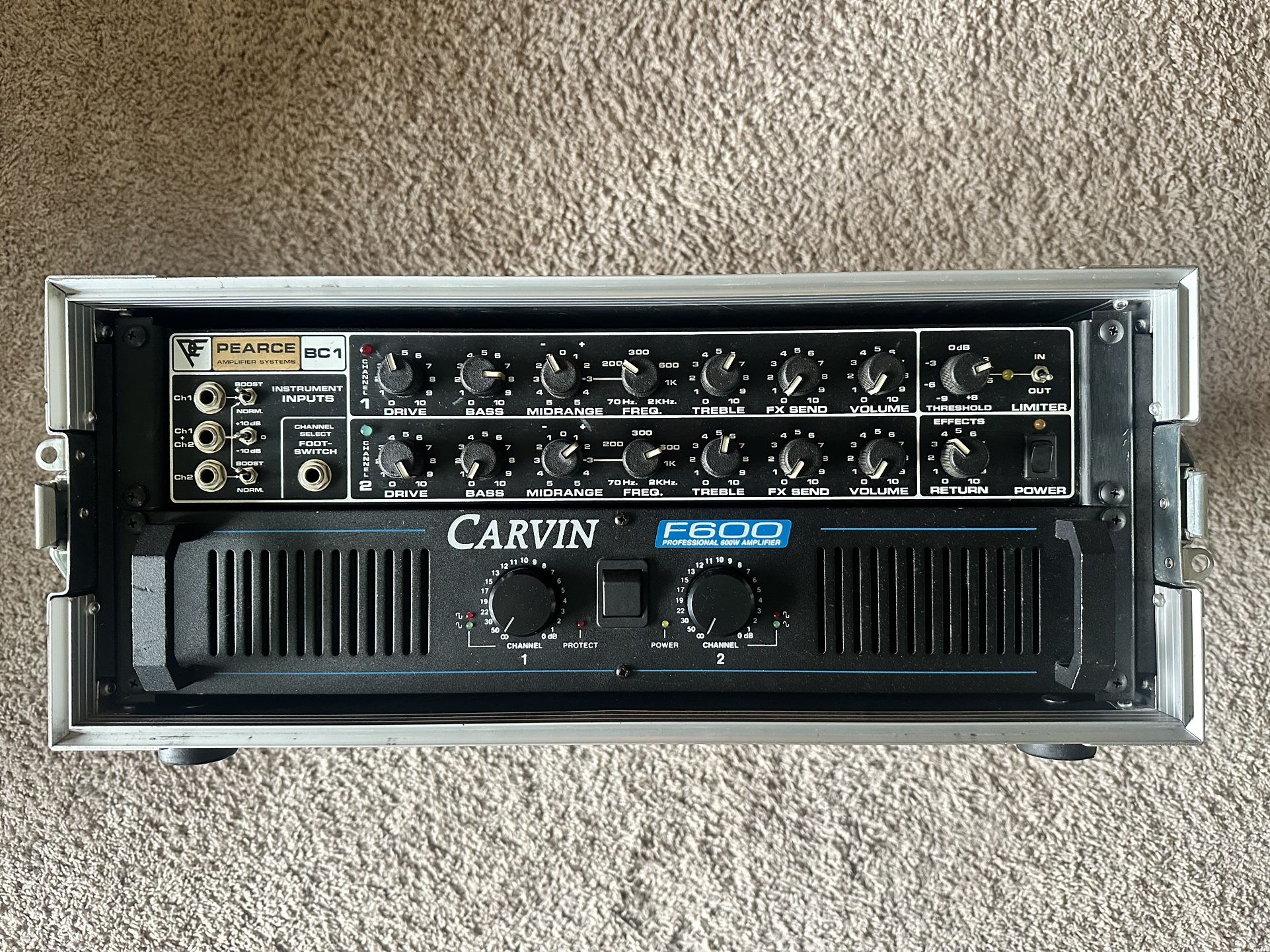Pearce BC 1 Bass Preamp & Carvin F600 Power amp in rack mount Case