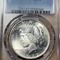GORGEOUS UNCIRCULATED 1922 PEACE DOLLAR! PCGS GRADED MS62! 90% SILVER!! 