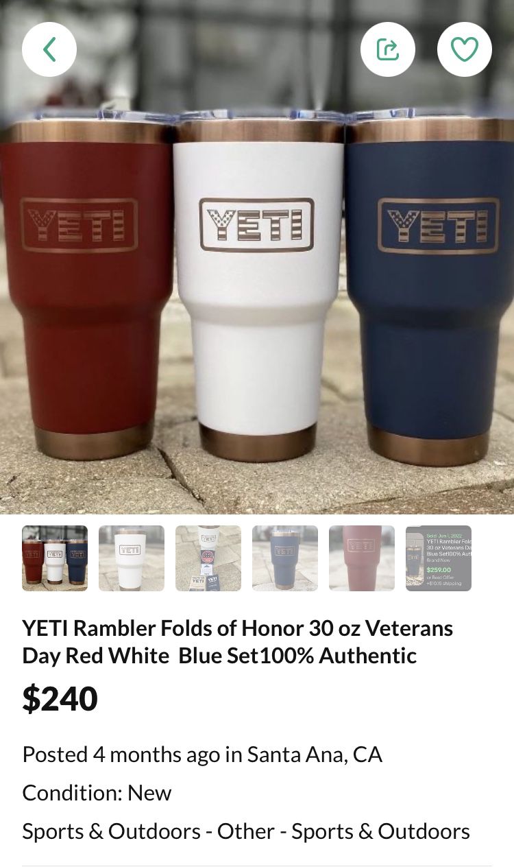 YETI Rambler Folds of Honor 30 oz Tumbler Veterans Day Red,White