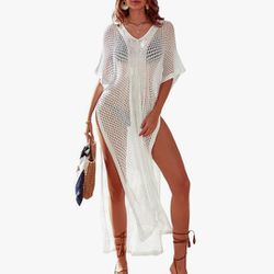 Long White Elegant Mesh Crochet Swimsuit Coverup Dress