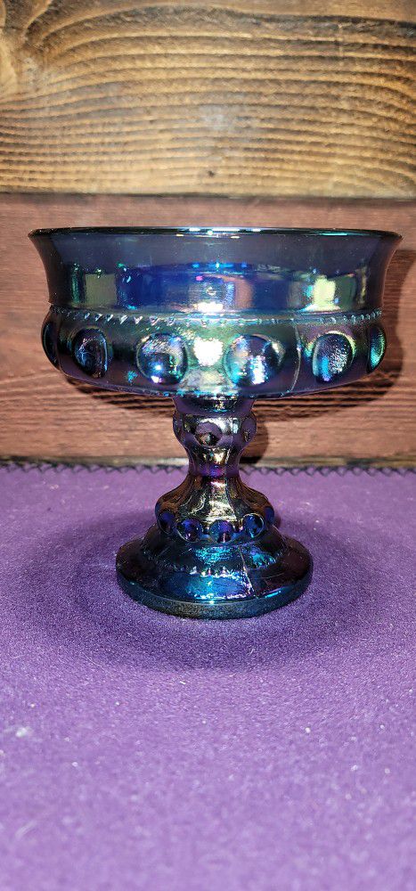 Vintage Indiana Blue Glass Kings Crown Thumbprint Compote Footed Candy Dish