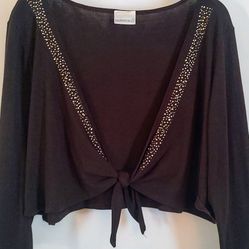Vintage Fashion Bug Gold Rhinestone Front Tie 3/4 Sleeve Brown Sweater Shrug Plus Size 22 24