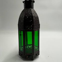 Moroccan Style Decorative Metal Lantern Green Glass Candle Holder Boho Decor  