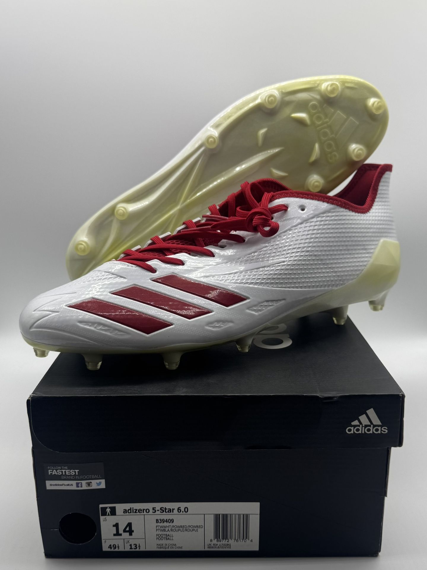 Adidas Men's Football Adizero 5-Star 6.0 Cleats B39409 Shoes White Red Sz 14