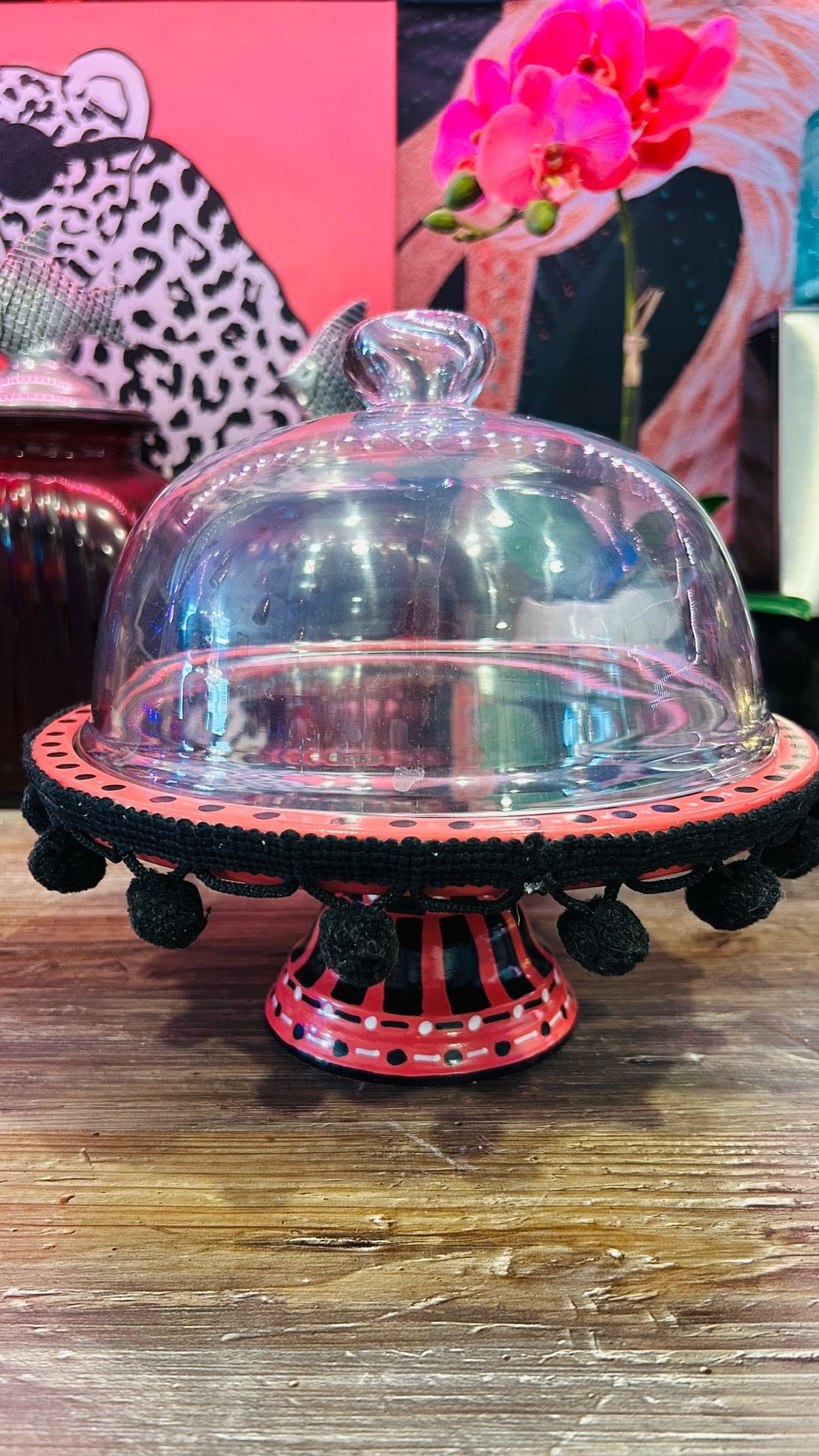 Hand Painted Wooden Pink Cake Stand with Glass Dome and Mirrored Stand