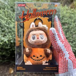 New Pop Mart Labubu Happy Halloween Party Series-Sitting Pumpkin Vinyl Plush Pendant First Wave 