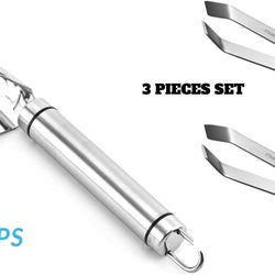 Premium 1 Set with 2 Kitchen Fish Bone Tweezers Plier Removal Perfect Filet 1 Fish Scaler 304 SS No Rust Peeler Sawtooth Combo Stainless Steel Scraper