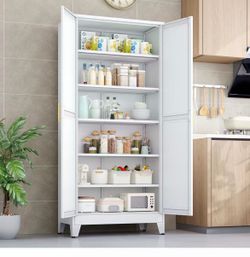 B) Kitchen Pantry Storage Cabinet with Adjustable Doors and Shelves, ClosetMaid Metal Food Pantry Cabinets, 75 Inch High Freestanding Cabinet white co