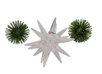 Clear Sparkle Starburst Acrylic Ornament/2 spiky green decorative sphere accents Bundle of 3. The image shows a clear acrylic multi-pointed star ornam