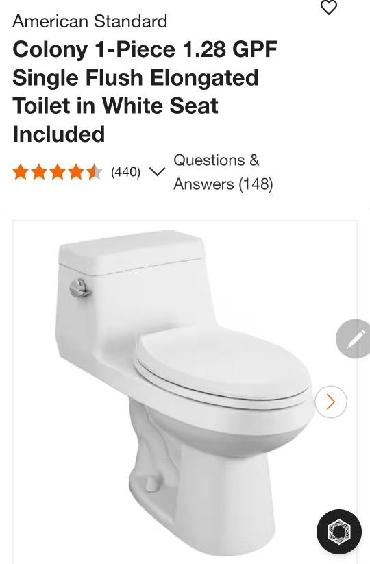 Colony 1 Piece 1.28 GPF Single Flush Elongated Toilet in White Seat Included