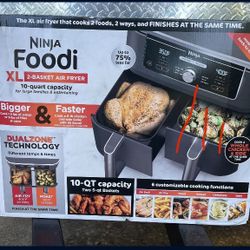 New Nina Foodi 10qt XL Dualzone 2 Basket Air Fryer with 6 functions - DZ401