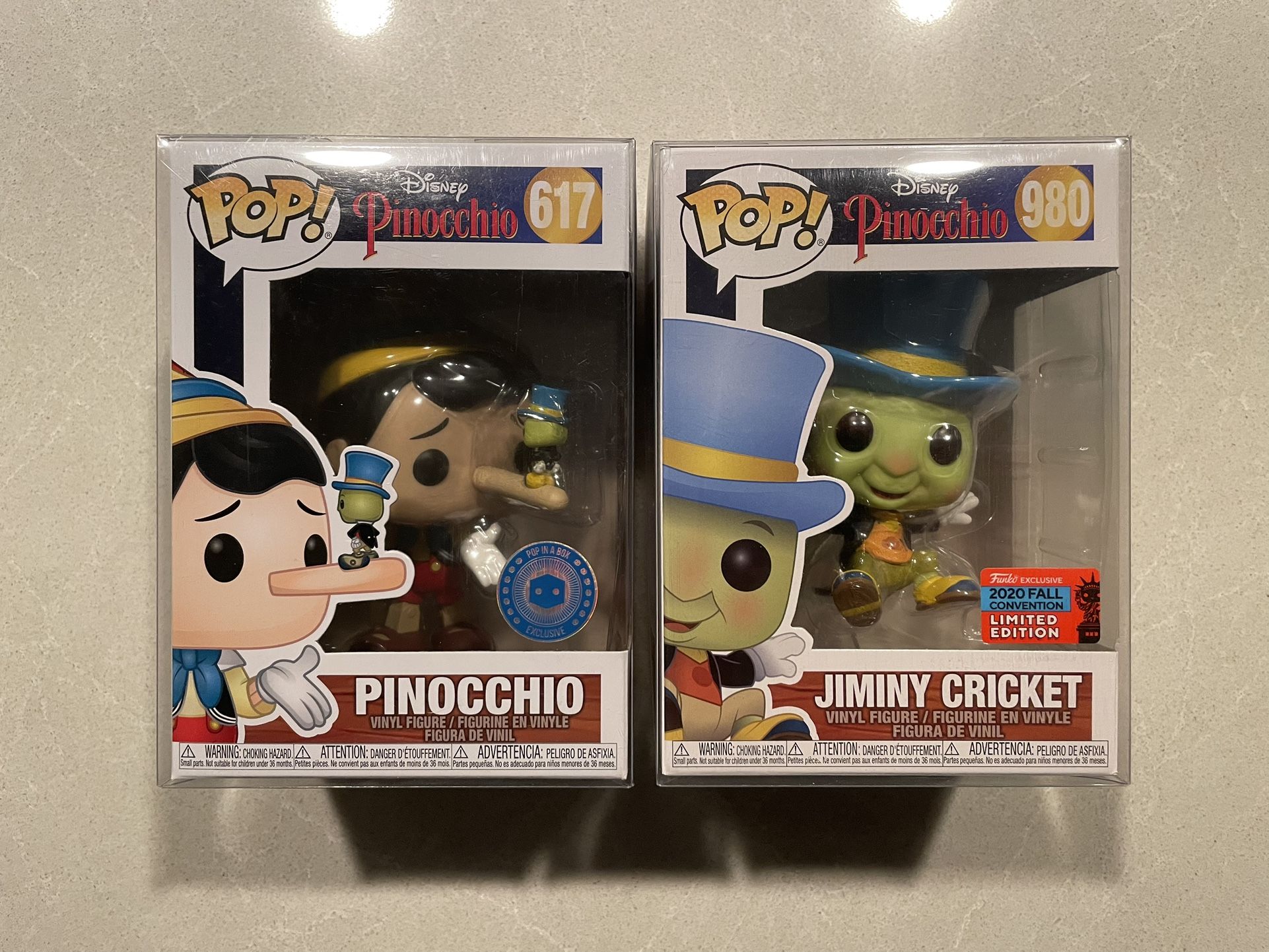 Pinocchio & Jiminy Cricket Funko Pop Set *MINT* 2020 NYCC Convention Pop in a Box PIAB Exclusive Disney 617 980 with protectors