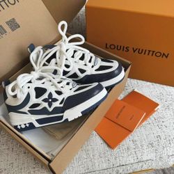 LV Skate Leather Low Top Fashion Board Shoes Skateboarding Shoes Pop Shoes Men's and Women's Blue and White