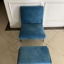Low Blue Accent Chair with Ottoman – Like New