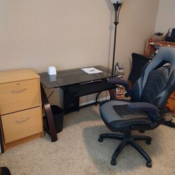 Glass Desk, Office Chair, 2 drawer file cabinet