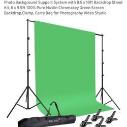 $40 Brand New HYJ-INC Photo Background Support System with 8.5 x 10ft Backdrop Stand Kit, 6 Γ 9.5ft 100% Pure Muslin Chromakey Green Screen Backdrop,C