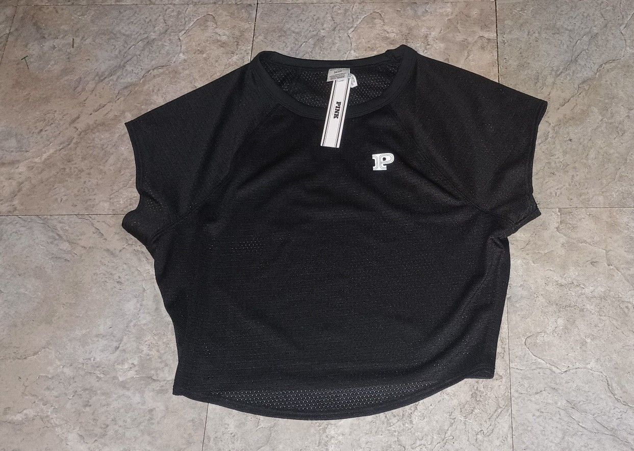Victoria Secret Pink Mesh Cropped Ringer Short Sleeve Black New