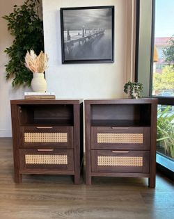 Modern Walnut Rattan Cane Nightstands Set of 2