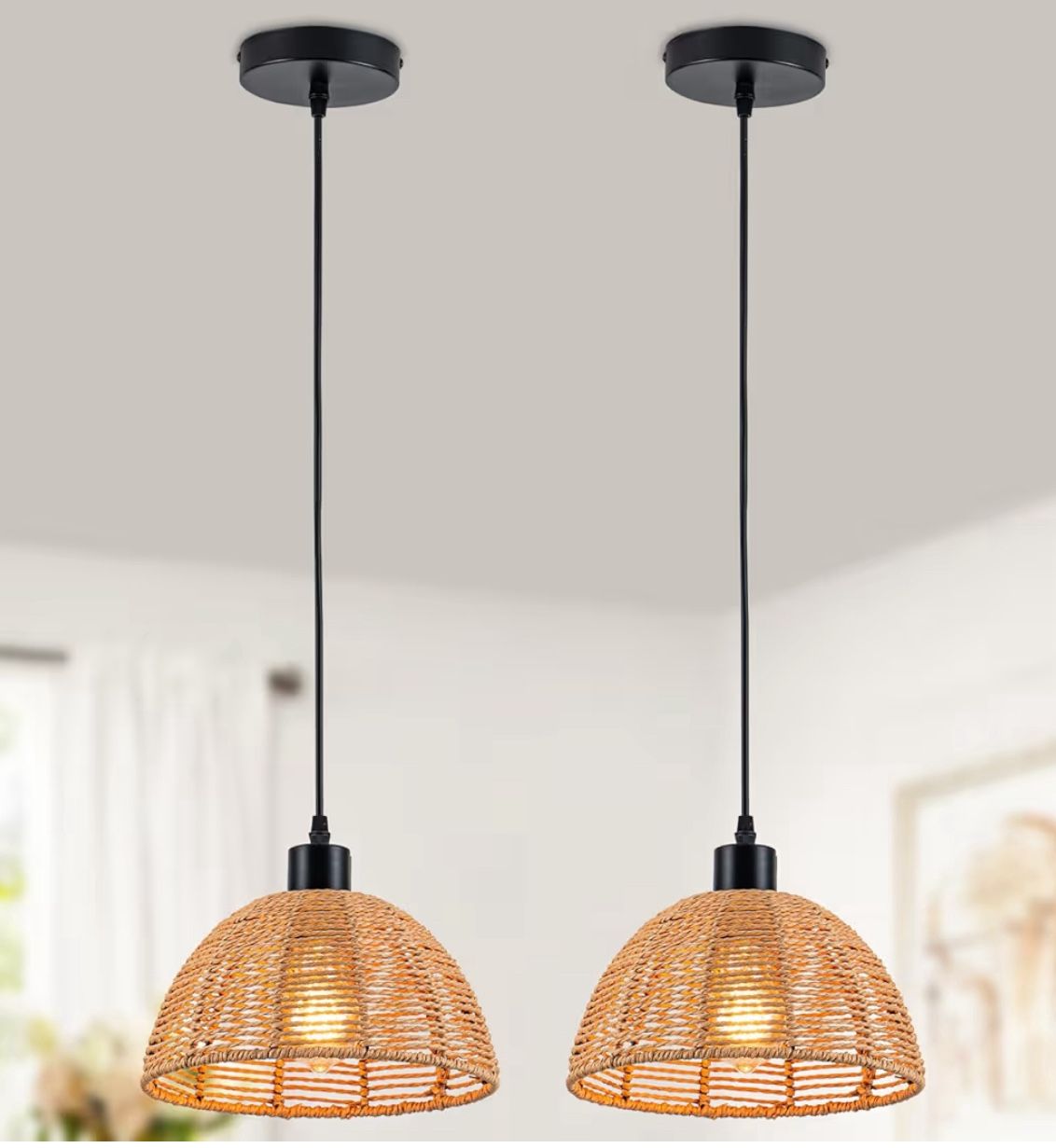 Boho Rattan Pendant Lights Vintage 2-Pack Farmhouse 9.84" Dome Hand Woven Bamboo Pendant Light Fixture Retro Boho Pendant Lighting for Kitchen Island,