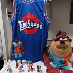 Tune Squad Space Jam set.  good condition.  Michael Jordan jersey size Small.   Tasmanian devil plush,  talking  LeBron James 12 inches and some small