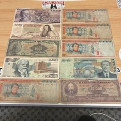 Mexican Paper Notes 10k pesos, 5k pesos, 2k pesos, 1k pesos, 100 pesos