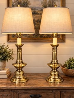 Vintage Solid Brass Table Lamps – Matching Pair – Elegant Traditional Style