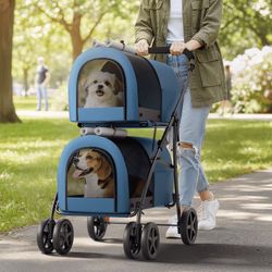 4 in 1 Double Pet Stroller, Foldable Cat Stroller for 2 Cats/Dogs with Detachable Carrier Bags & Rear Brakes, Navy Blue/Gray
