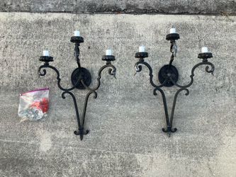 Lg. 32" Vintage Wrought Iron Scroll Gothic Spanish Revival Wall Sconce Lights (2)