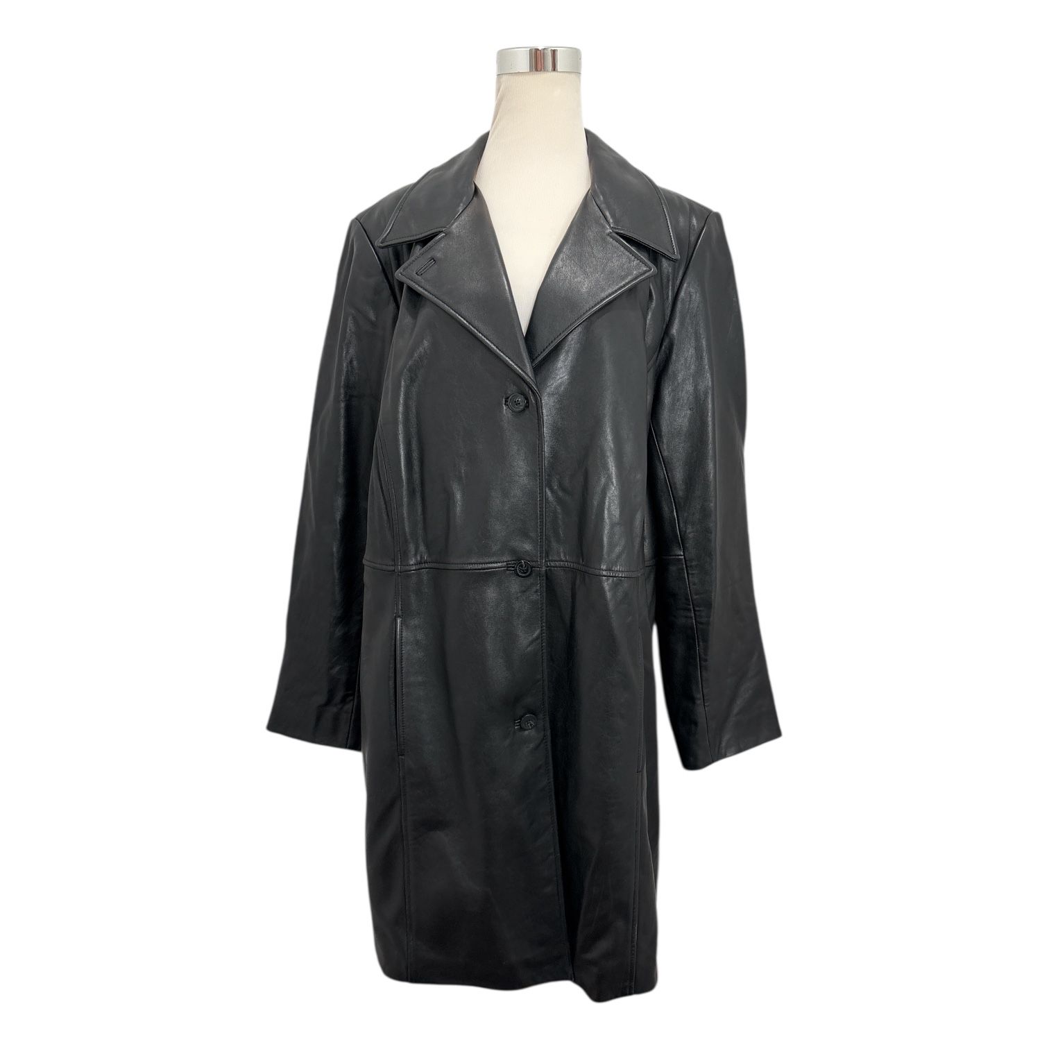 Vintage Alfani Women's Black Leather Trench Coat Retro Goth Streetwear Size 2X