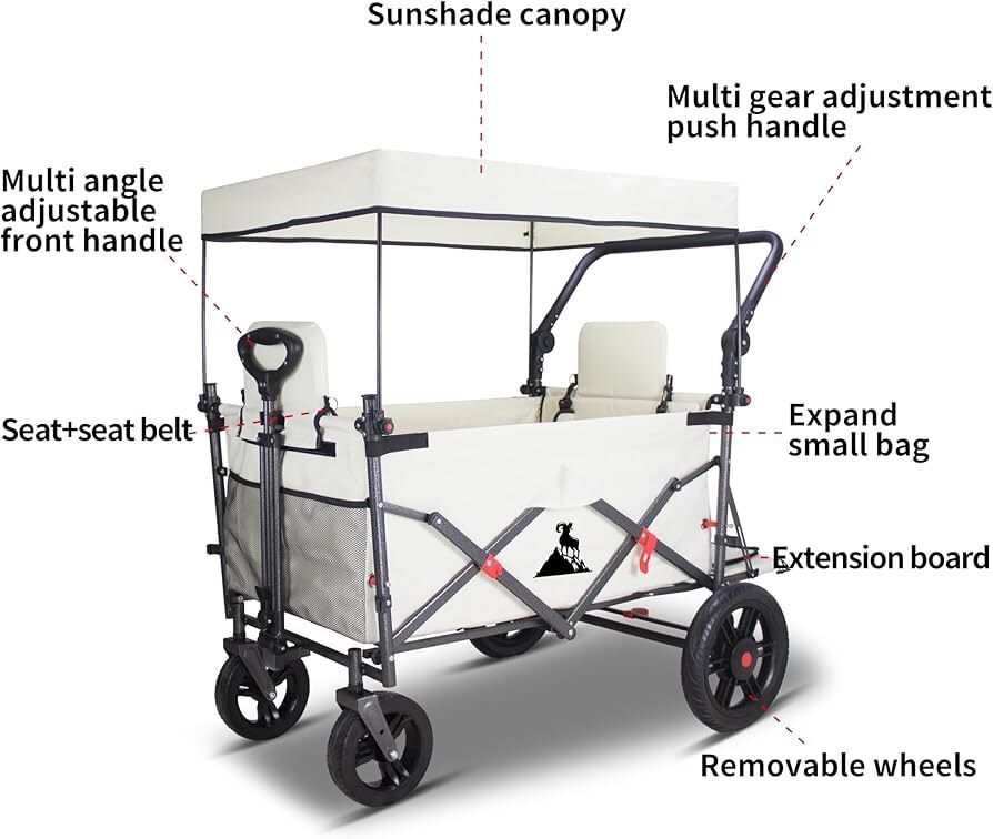 Collapsible Foldable Foldable Wagon Cart with Quick-Release Wheels & 2 Seats Camping Wagon- Heavy-Duty Utility Wagon 265LBS Capacity for Camping, Gard