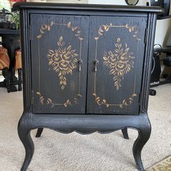 Antique Floral Tole Painted Black Cabinet OBO