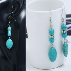Boho Tibetan Sterling Silver Rhinestone Waterdrop Turquoise Stone Earrings