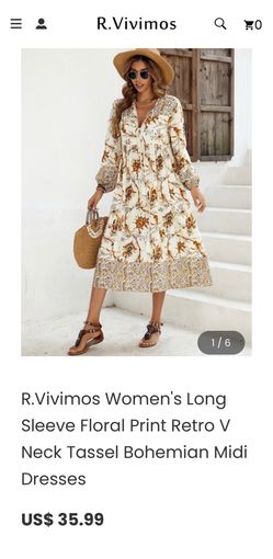 R. VIVIMOS Floral BoHo retro V-neck tassel dress.