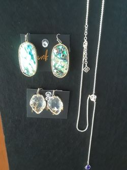 Kendra Scott Jewelry Lot – Abalone & Quartz Earrings & Silver Slide Necklace