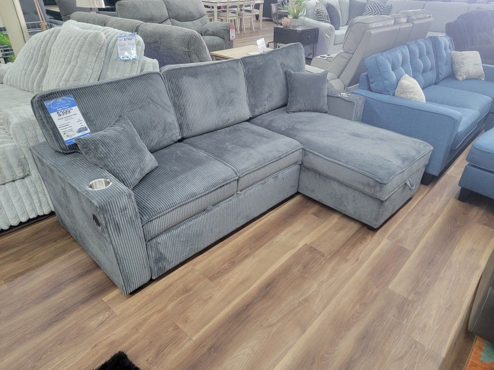 New 2pc Sleeper Sectional In Dark Grey Corduroy