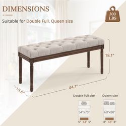44" Bedroom Bench, Fabric End of Bed Bench, Upholstered French Tufted Ottoman Bench with Carved Dark Brown Wood Legs for Bedroom End of Bed, Living Ro