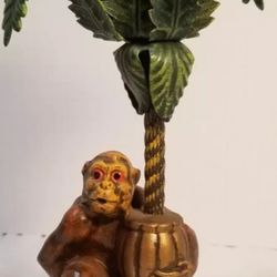 Vintage PETITES CHOSES Candle Holder Monkey & Palm Tree Hand Painted Metal