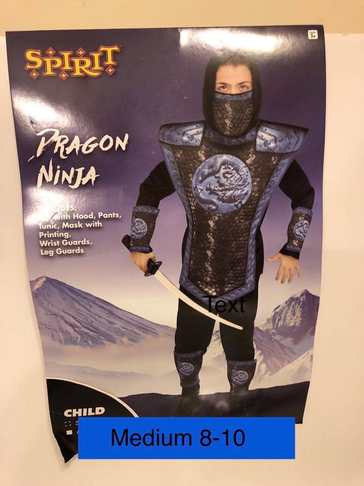 New Ninja Dragon – Boys size available - -Medium 8-10 Includes Top , pants , tunic wrist and leg guards mask , Reg. $21.99 From Spirit