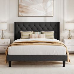 Queen Size Upholstered Platform Bed Frame with Fabric Diamond Deluxe Wingback Headboard, Dark Grey