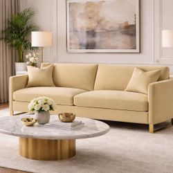 Upholstered Curved Track Arm Sofa Velvet Camel 