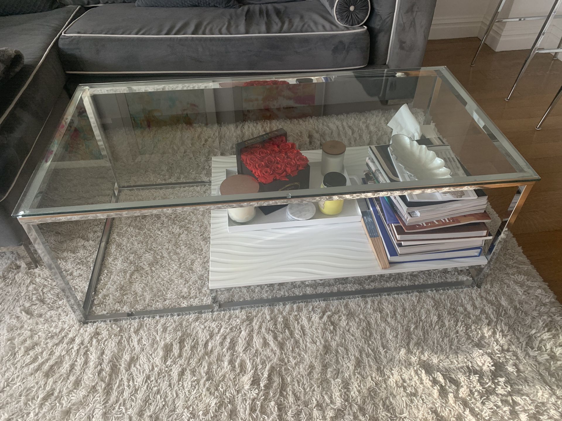 Glass coffee table dual level chrome finishes