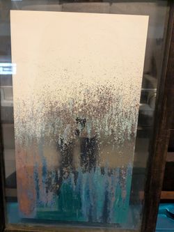 Framed Abstract Wall Art — Blue Teal Black, Carved Wood Frame