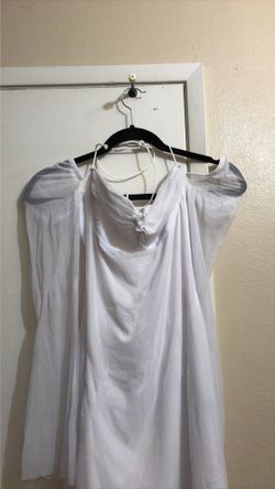 White dress, sheer, long sleeve off the shoulder