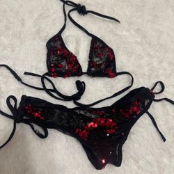 New Small sequin sheer red black low rise bikini goth emo festival rave y2k outfit  From early 2000s low rise scrunch bottom