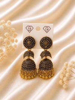 Gold Tone Jhumka Earrings Traditional Statement Style