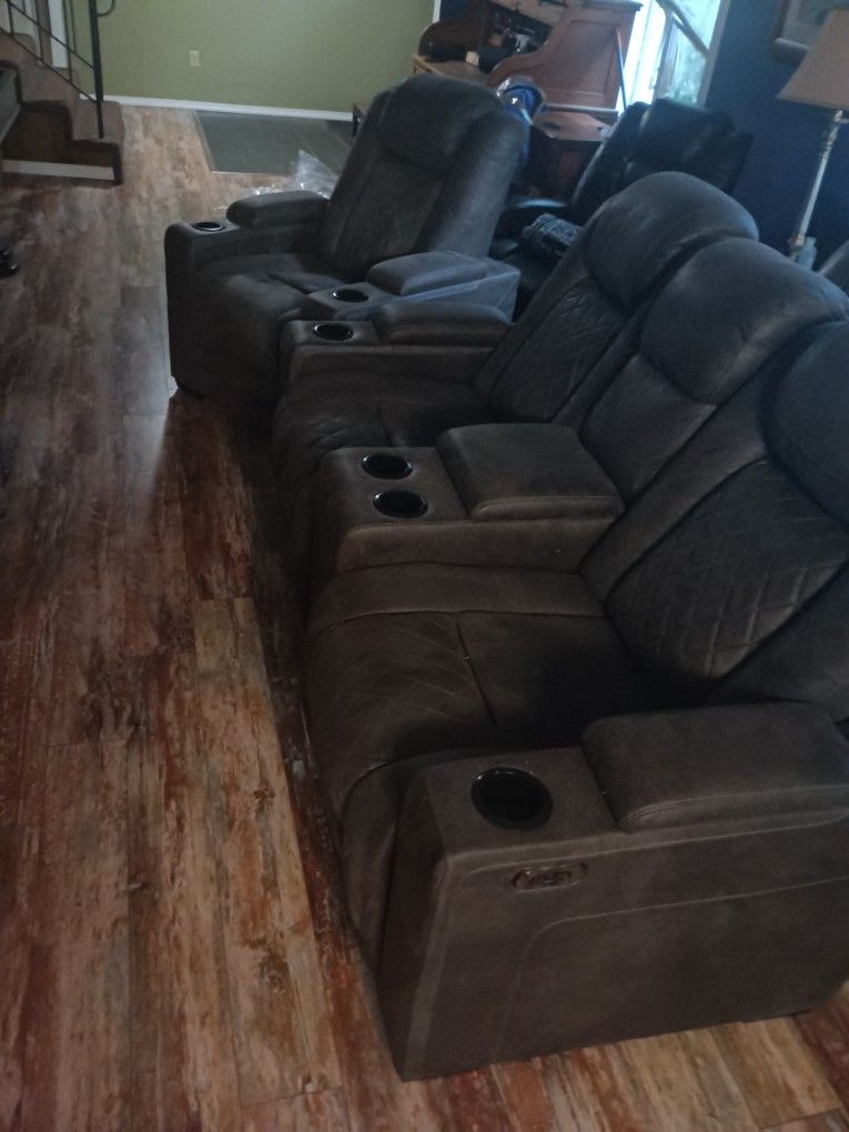 Theater Style Seats With Storage And USB With Recliner That Has USB As Well All These Are Electric Cords Are With It